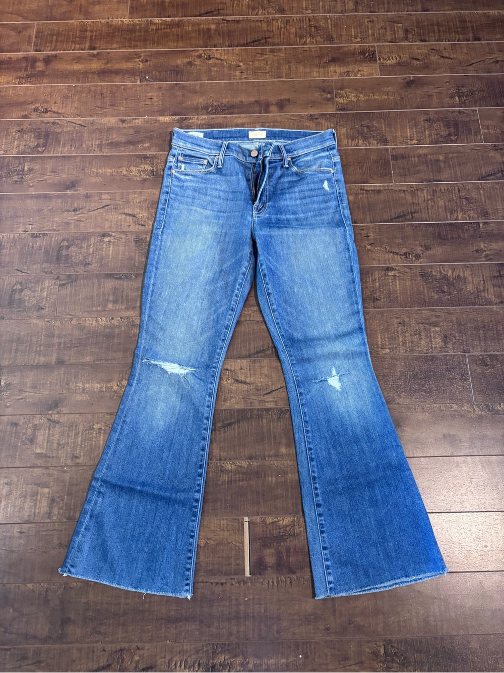 MOTHER Blue Distressed Flare Jeans